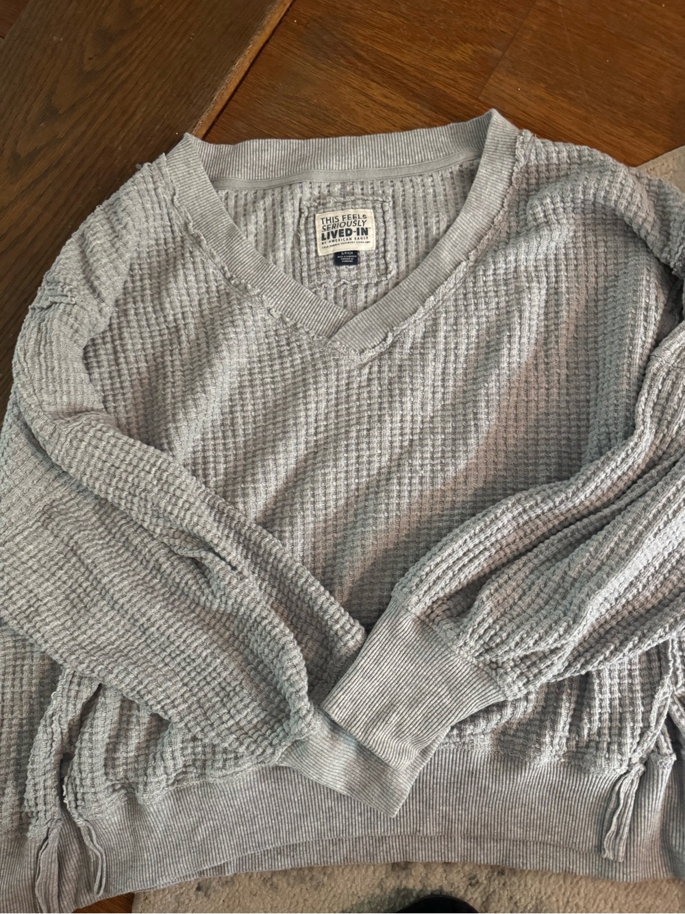 American Eagle Outfitters Light Gray V-Neck Waffle Knit Sweater